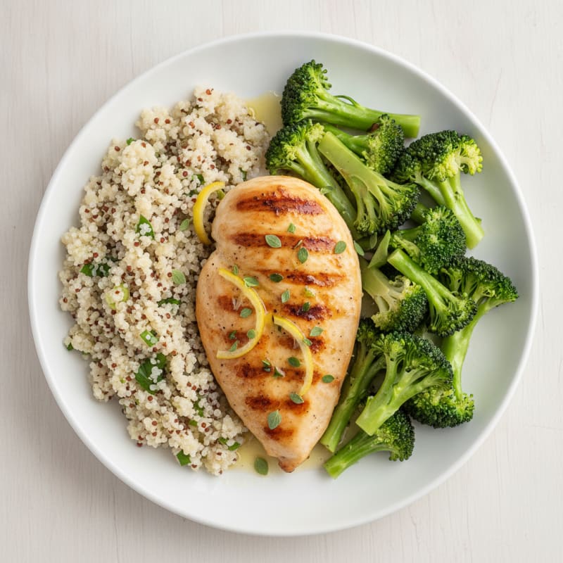 Lemon Herb Grilled Chicken Breast with Quinoa and Steamed Broccoli