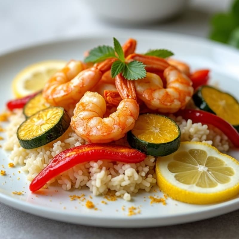 Pan-Seared Seafood with Saffron Rice and Crispy Vegetables