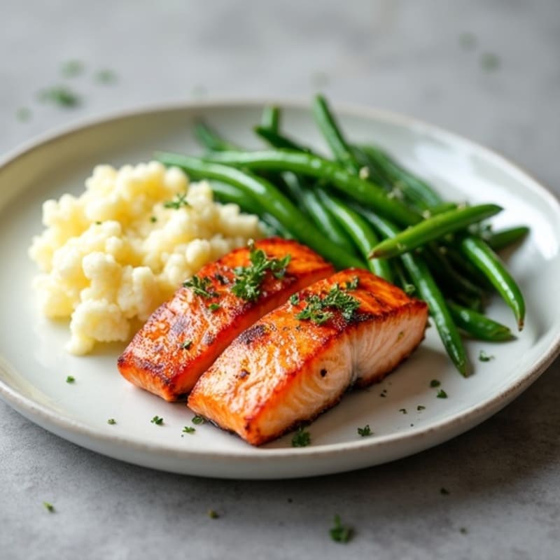 Seared Salmon with Garlic Green Beans and Cauliflower Mash