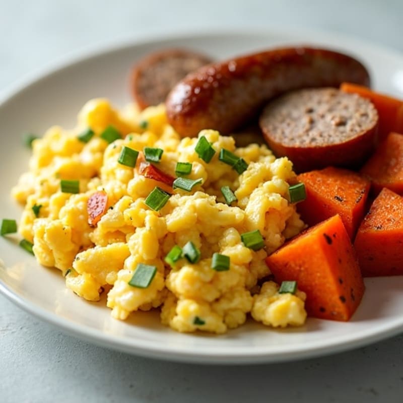 Egg White Scramble with Turkey Sausage and Roasted Sweet Potatoes