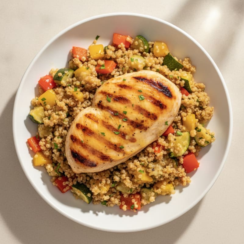 Grilled Lemon-Garlic Chicken with Roasted Vegetable Quinoa