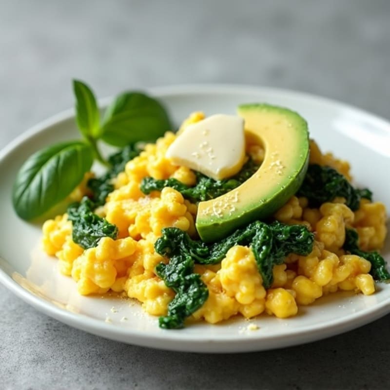 Scrambled Eggs with Sautéed Spinach and Avocado