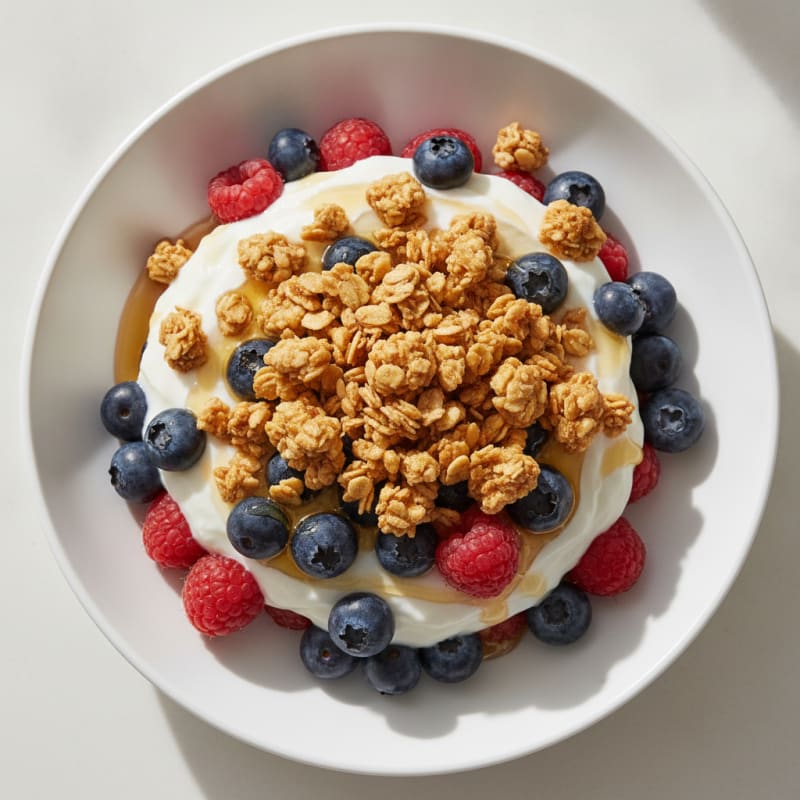 Greek Yogurt Parfait with Crunchy Almond Granola and Fresh Berries