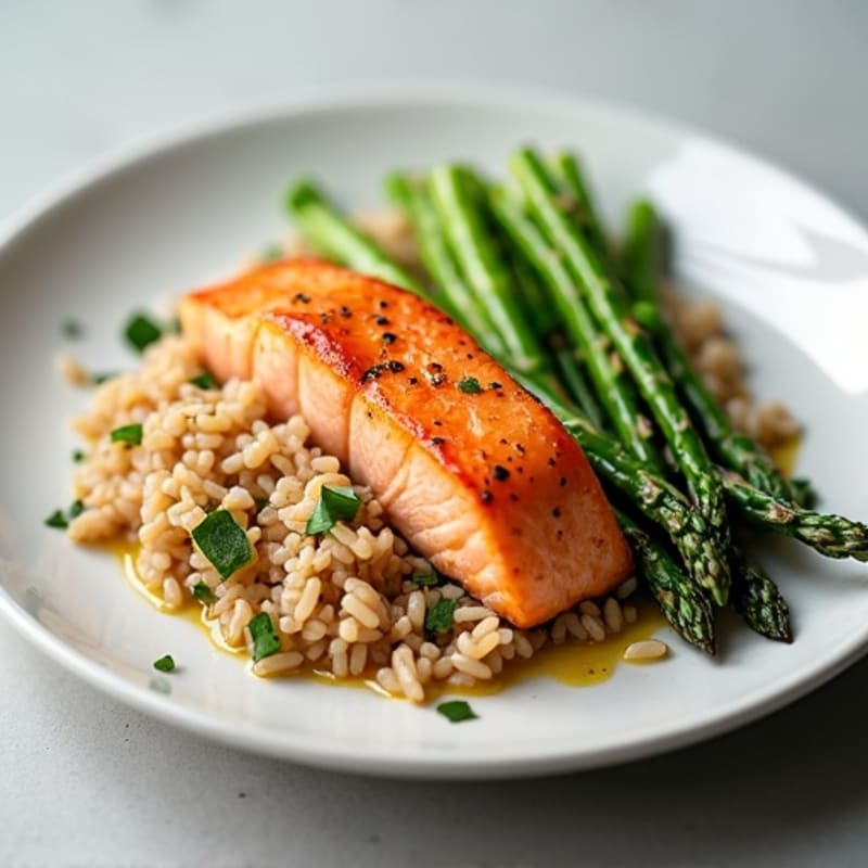 Seared Salmon with Steamed Asparagus and Brown Rice