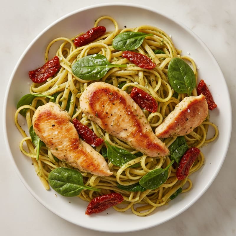 Pesto Chicken Linguine with Sun-Dried Tomatoes