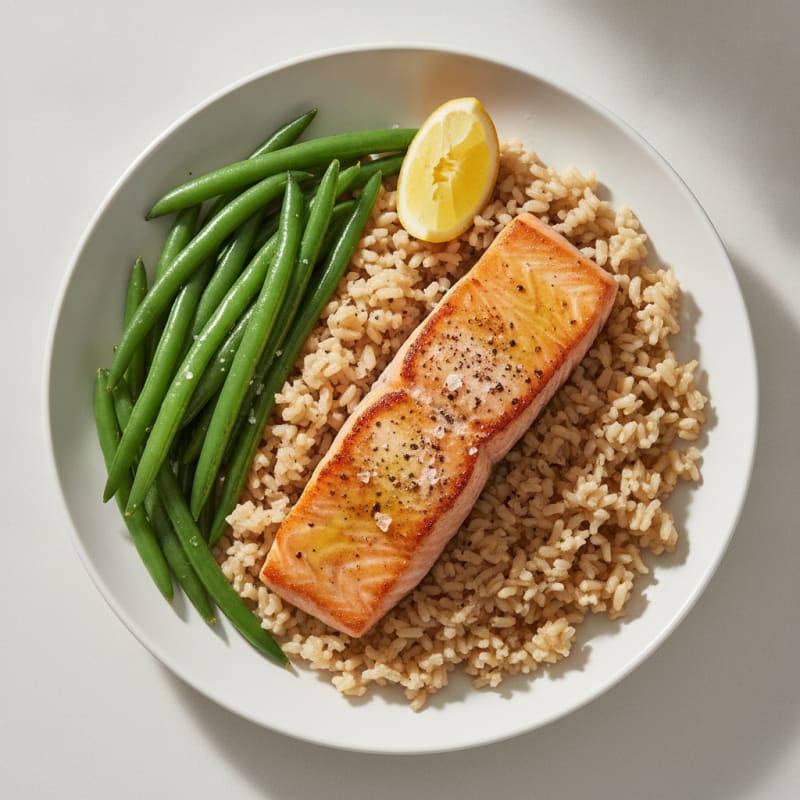Seared Salmon with Steamed Green Beans and Brown Rice
