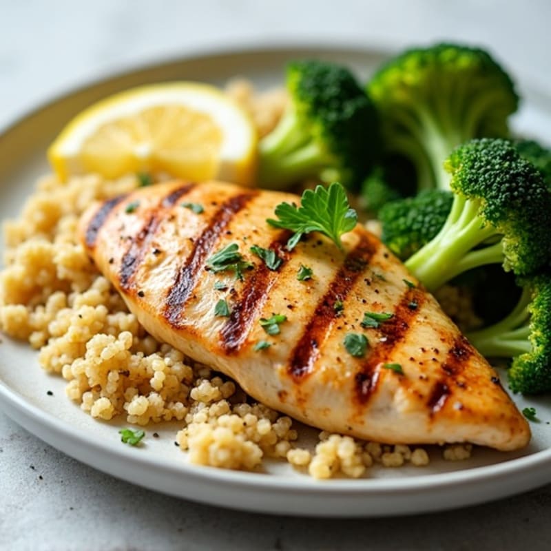 Grilled Lemon Garlic Chicken Breast with Quinoa and Steamed Broccoli