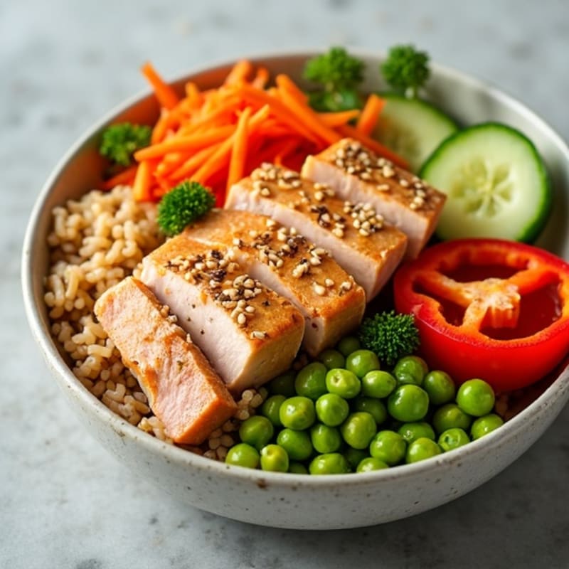 Fresh Sesame Ginger Tuna with Brown Rice and Crunchy Veggies