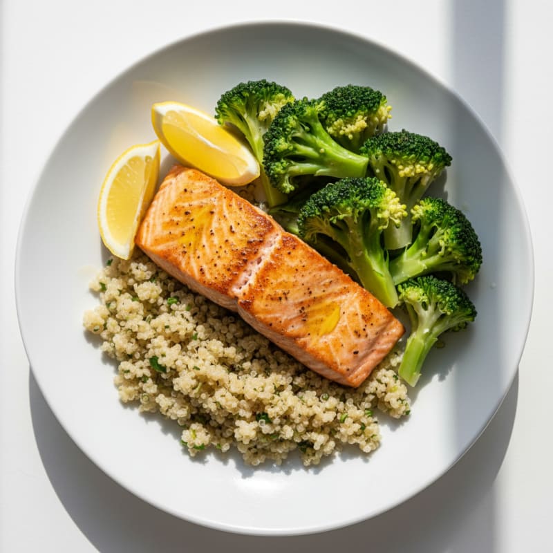 Seared Salmon Fillet with Steamed Broccoli and Quinoa