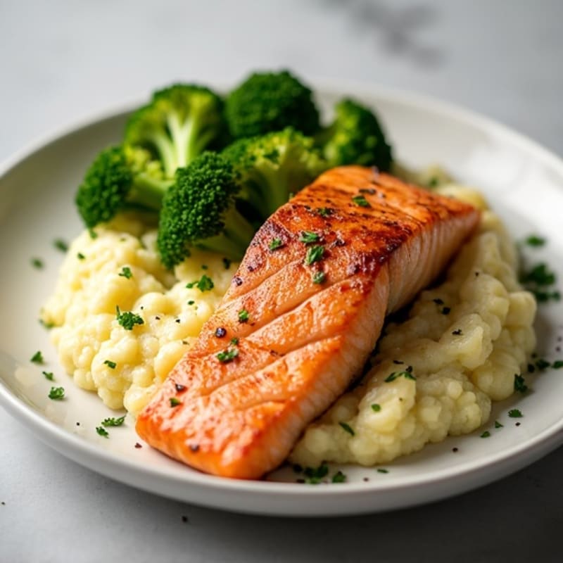 Seared Salmon with Roasted Broccoli and Garlic Mashed Cauliflower