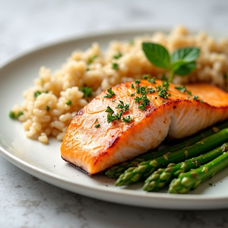 Seared Salmon with Steamed Asparagus and Herbed Brown Rice