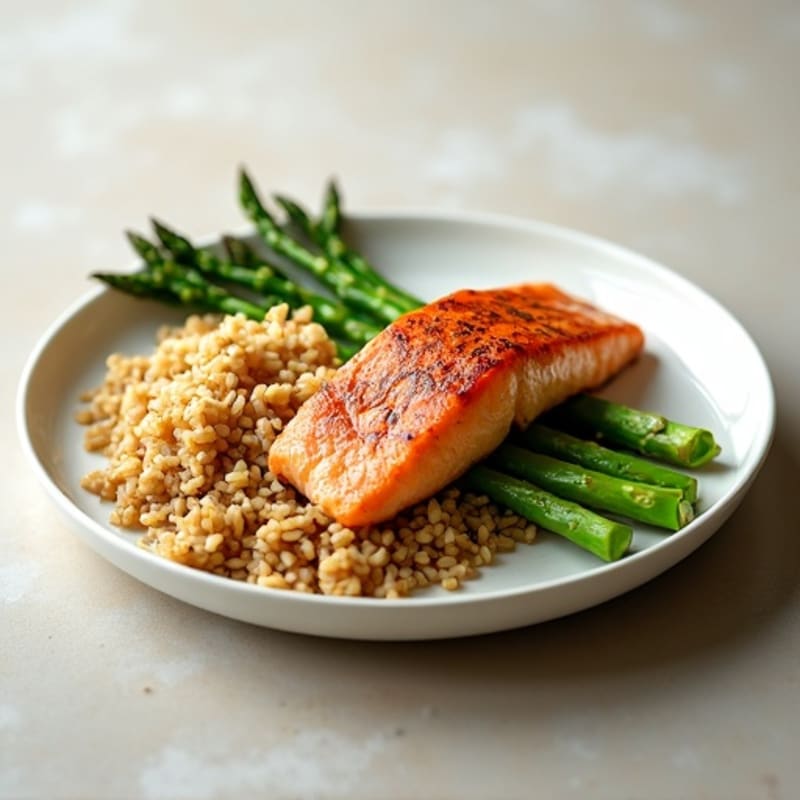 Seared Salmon with Steamed Asparagus and Brown Rice