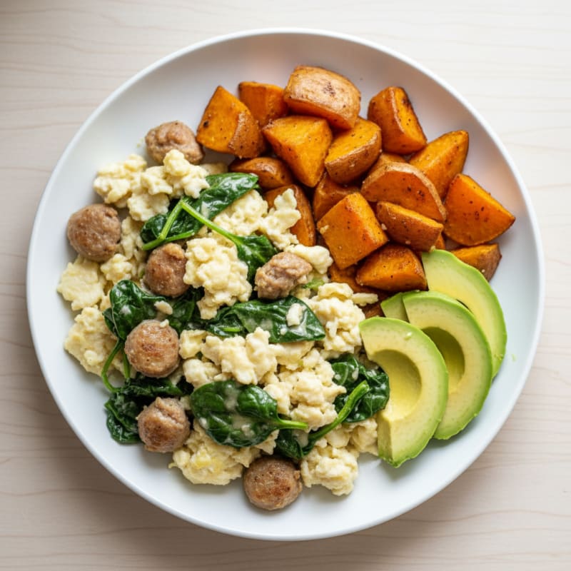 Egg White and Turkey Sausage Scramble with Roasted Sweet Potatoes