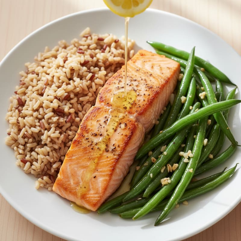 Seared Salmon with Garlic Green Beans and Brown Rice
