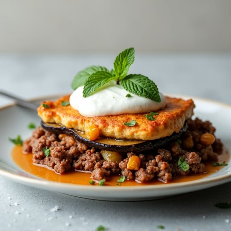 Savory Ground Lamb and Roasted Eggplant Casserole with Silky Yogurt Topping