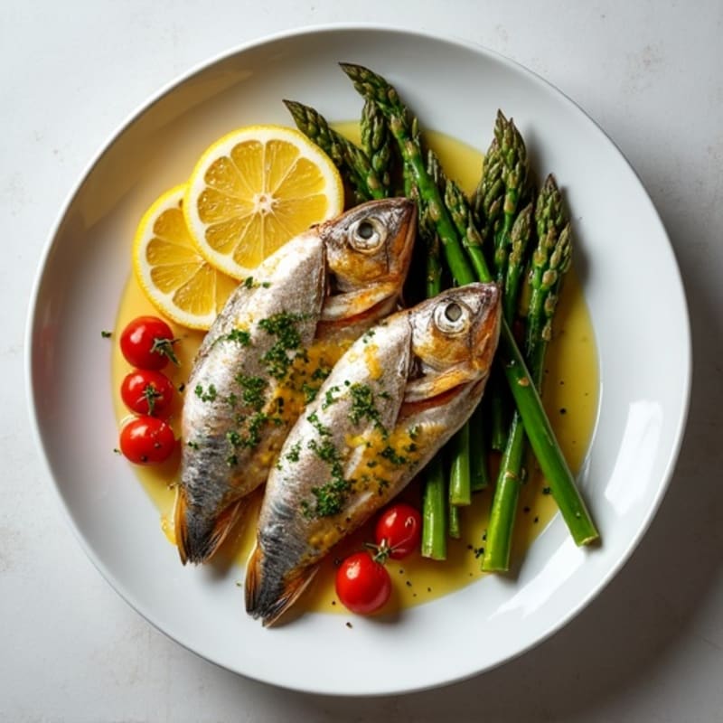 Lemon-Herb Pan-Seared Sardines with Roasted Asparagus and Cherry Tomatoes