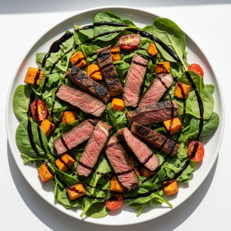 Grilled Steak Salad with Roasted Sweet Potatoes and Cherry Tomatoes
