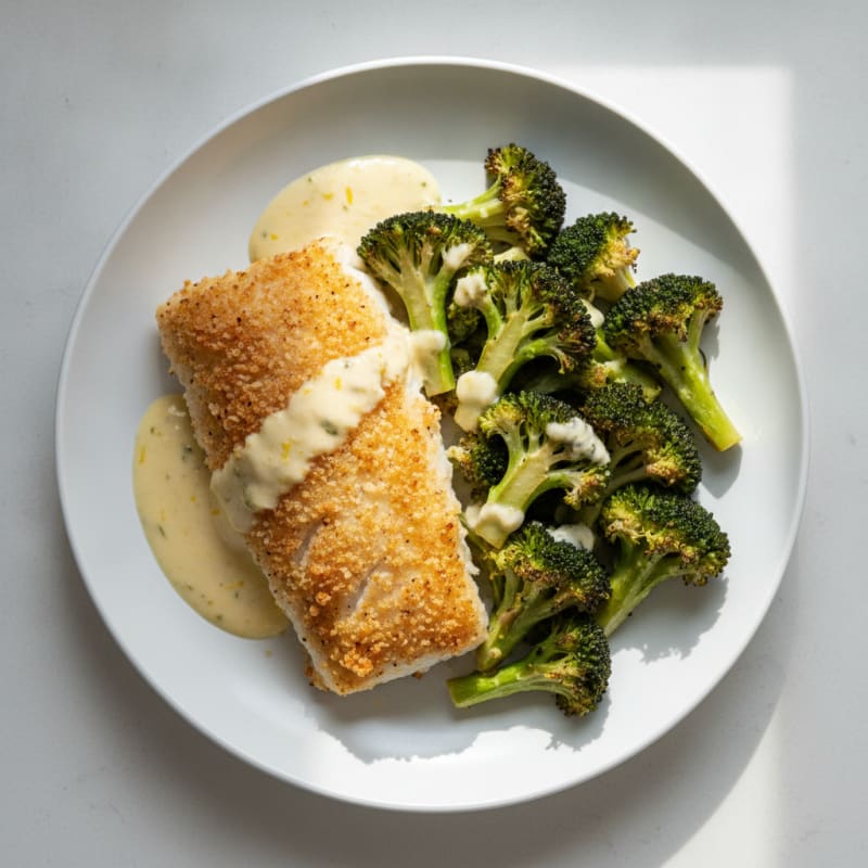 Crispy Baked Cod with Roasted Broccoli and Lemon Yogurt Sauce