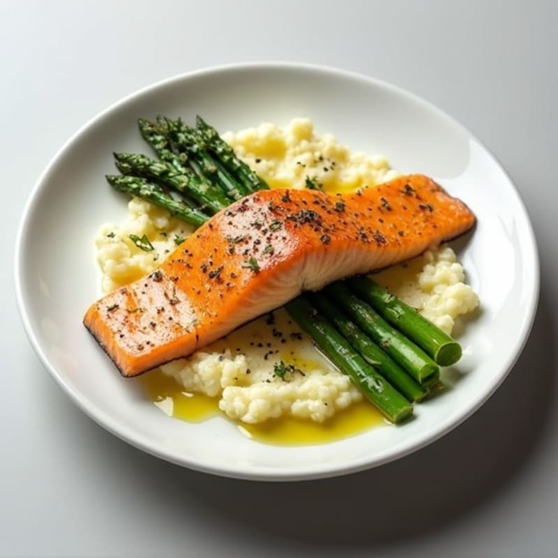 Seared Salmon with Steamed Asparagus and Cauliflower Mash
