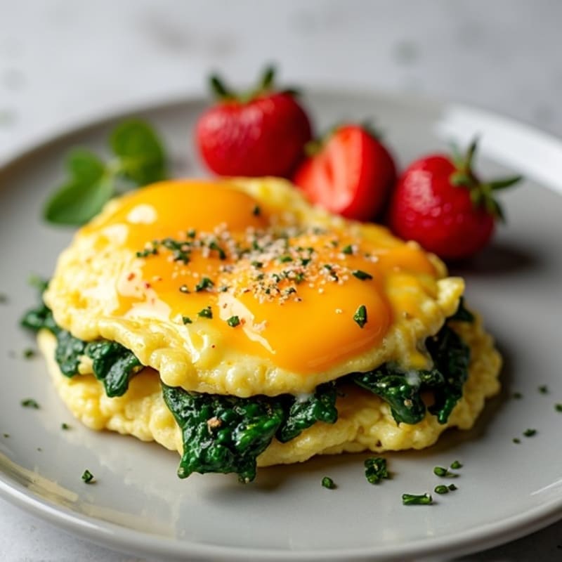 Egg and Cheese Scramble with Sautéed Spinach and Strawberries