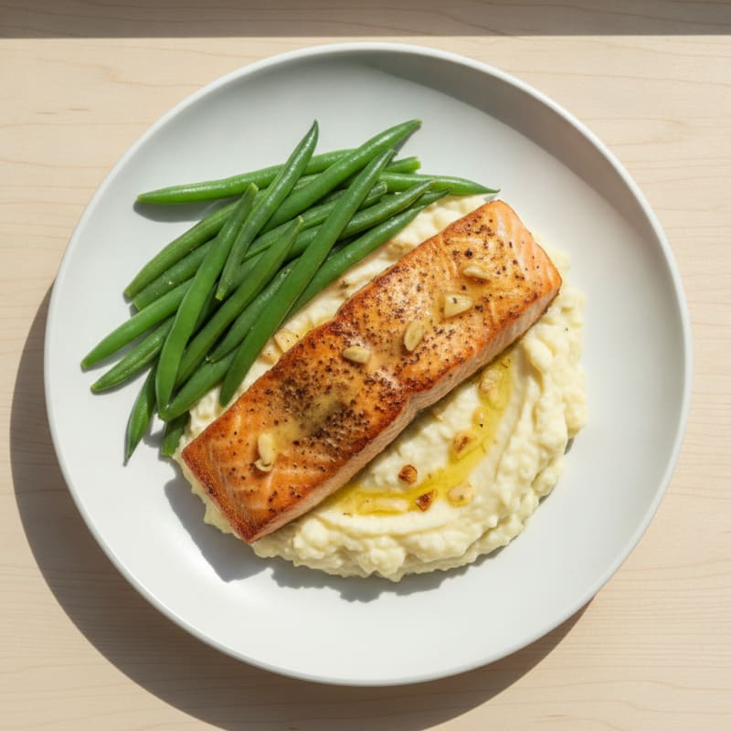 Seared Salmon with Steamed Green Beans and Garlic Mashed Cauliflower