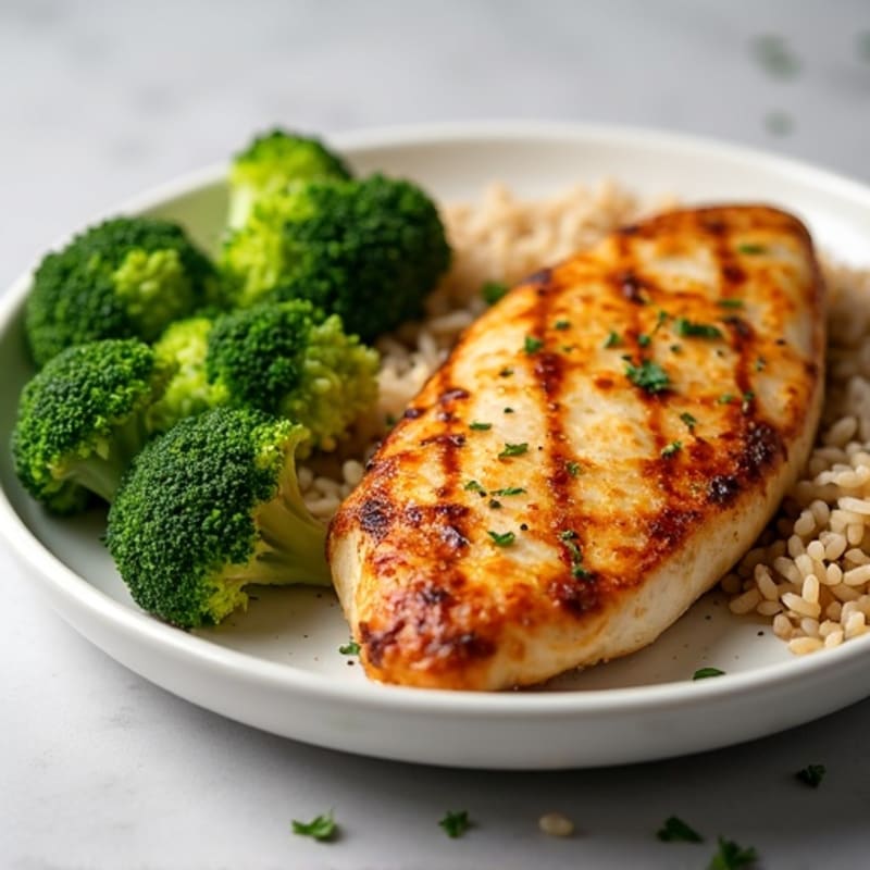 Grilled Chicken Breast with Steamed Broccoli and Brown Rice