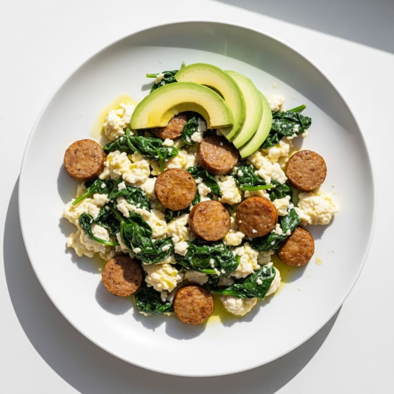 Egg White Spinach Scramble with Turkey Sausage