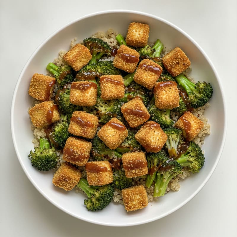 Crispy Tofu Power Bowl with Quinoa and Roasted Broccoli
