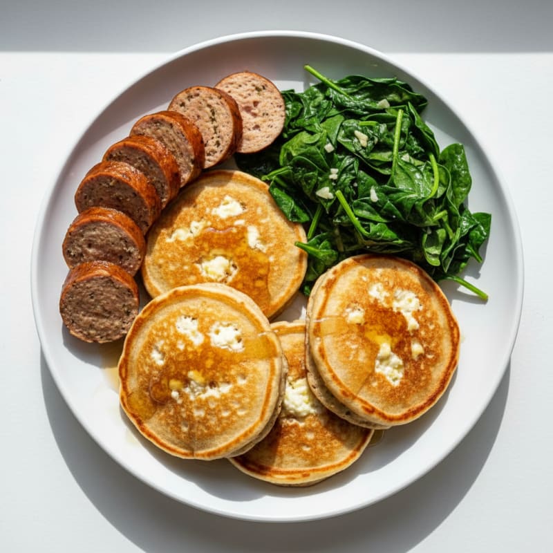 Kodiak Pancakes with Chicken Sausage and Sautéed Spinach