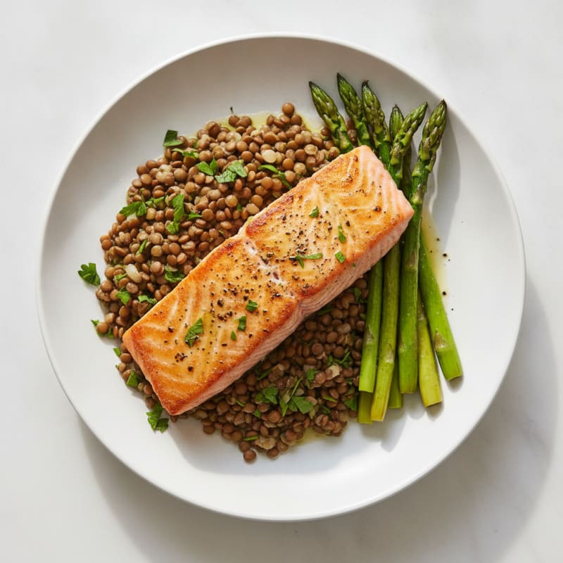Seared Salmon Fillet with Roasted Asparagus and Lentil Salad