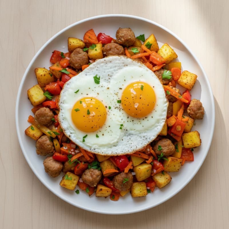 Sausage and Bell Pepper Hash with Eggs