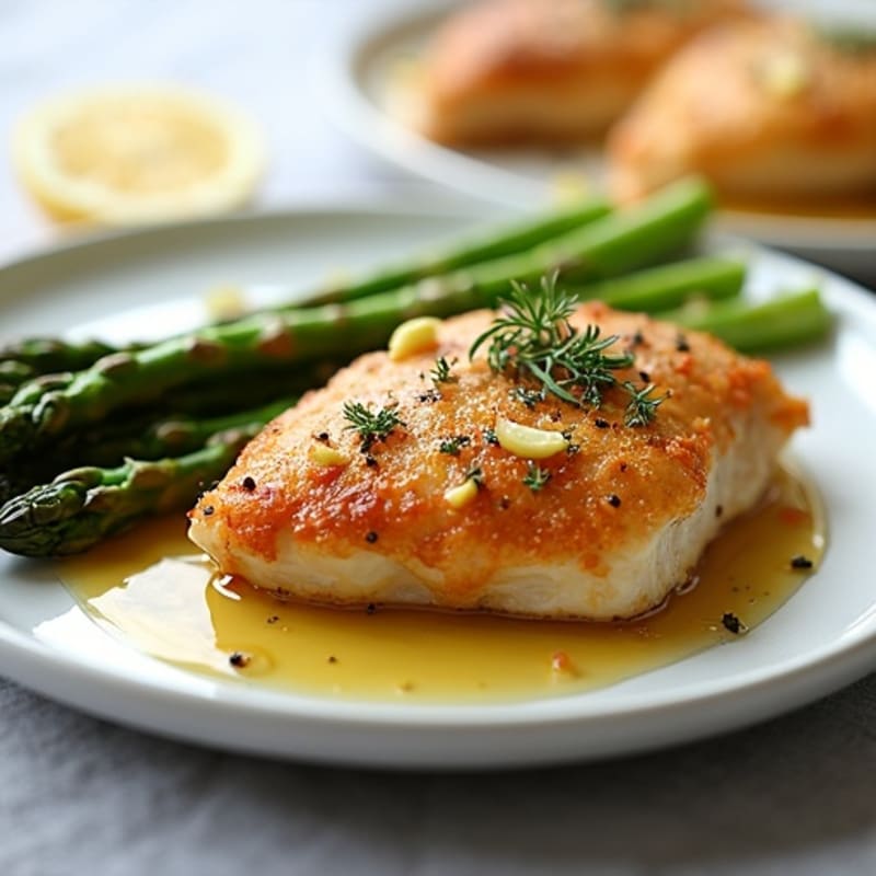 Crispy Pan-Seared Lemon Herb Chicken Thighs with Roasted Asparagus