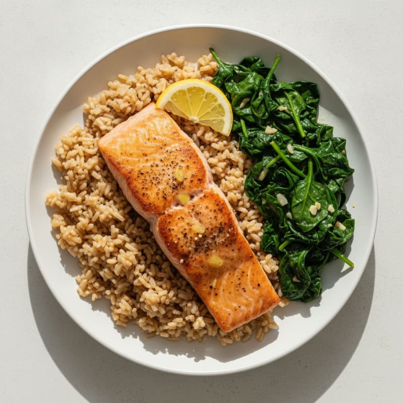 Seared Salmon with Garlic Spinach and Brown Rice Pilaf