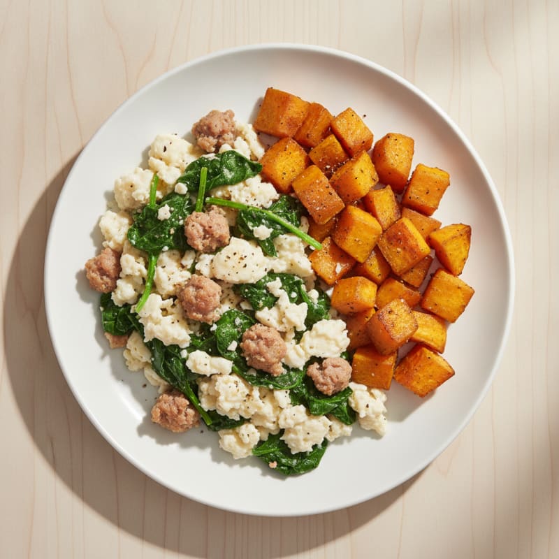 Egg White and Turkey Sausage Scramble with Spinach and Roasted Sweet Potatoes