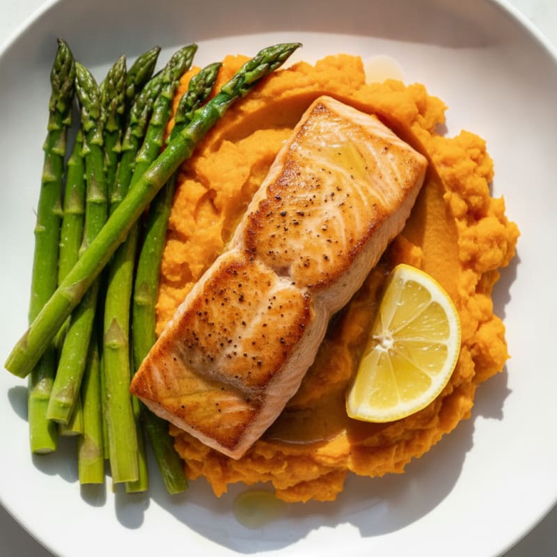Seared Salmon with Roasted Asparagus and Sweet Potato Mash