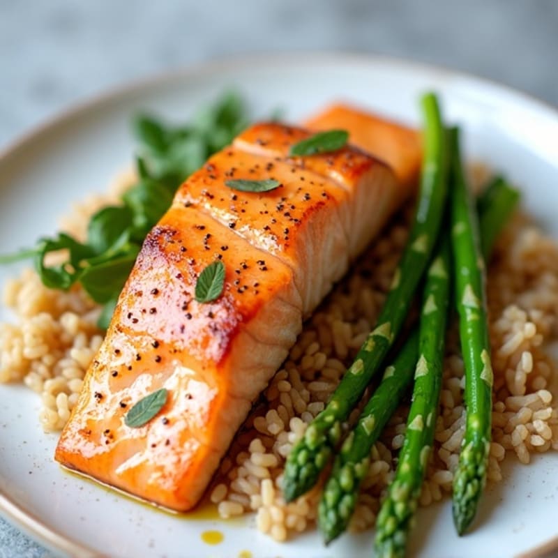 Seared Salmon Fillet with Steamed Asparagus and Brown Rice