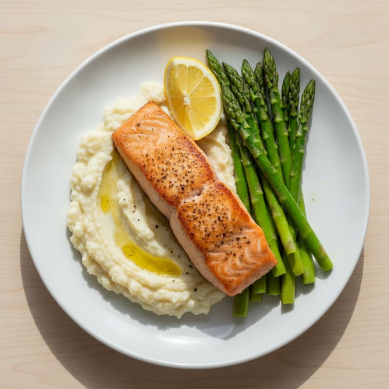 Seared Salmon with Steamed Asparagus and Garlic Cauliflower Mash