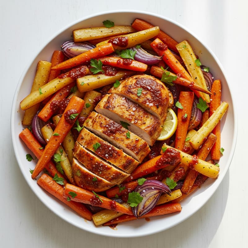 Harissa Chicken with Roasted Root Vegetables