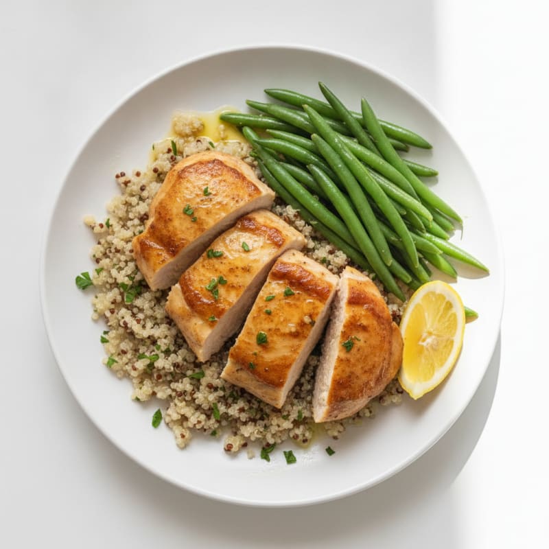 Seared Chicken Thighs with Steamed Green Beans and Quinoa