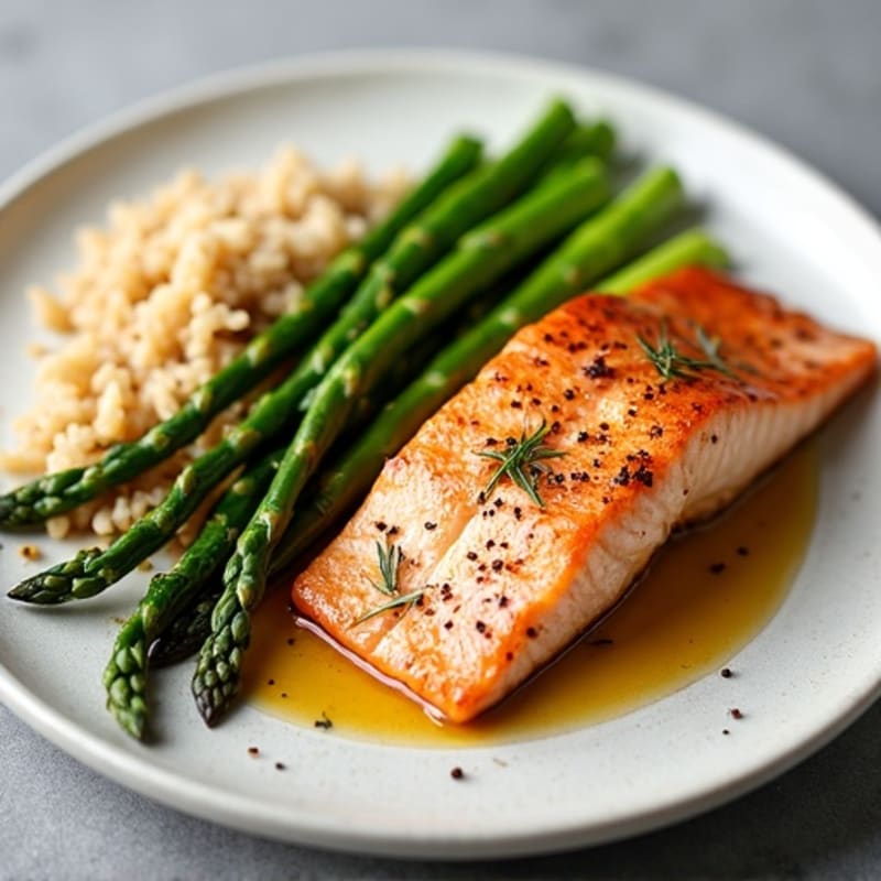 Seared Salmon with Steamed Asparagus and Brown Rice