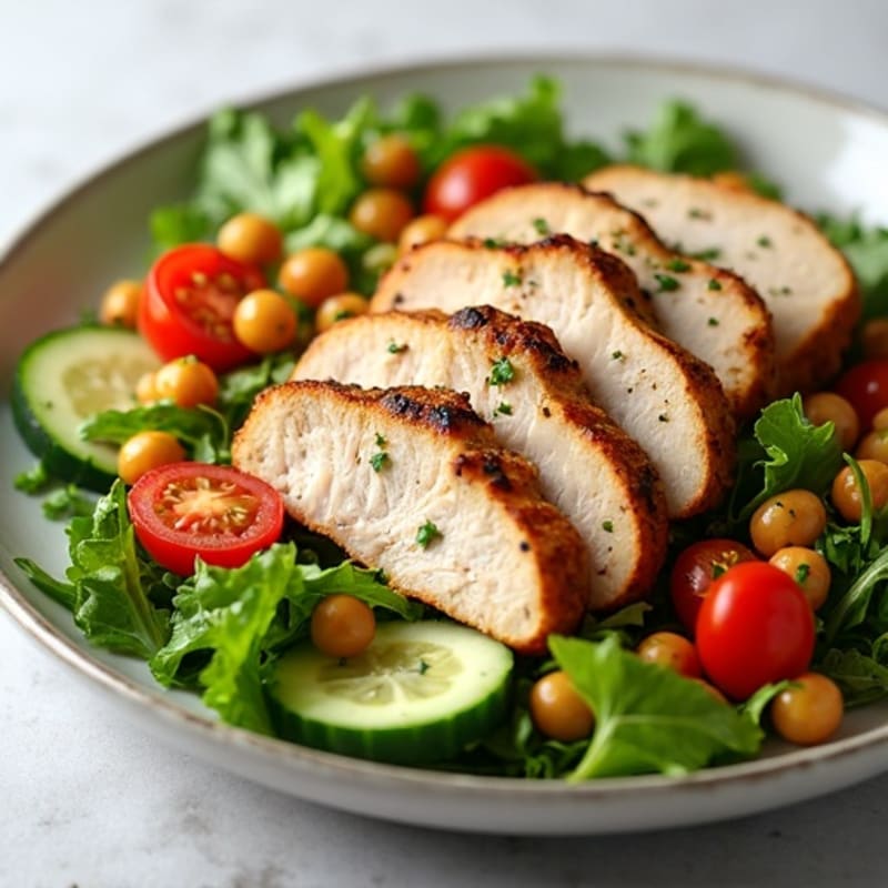 Grilled Turkey Breast Salad with Roasted Chickpeas and Mixed Greens