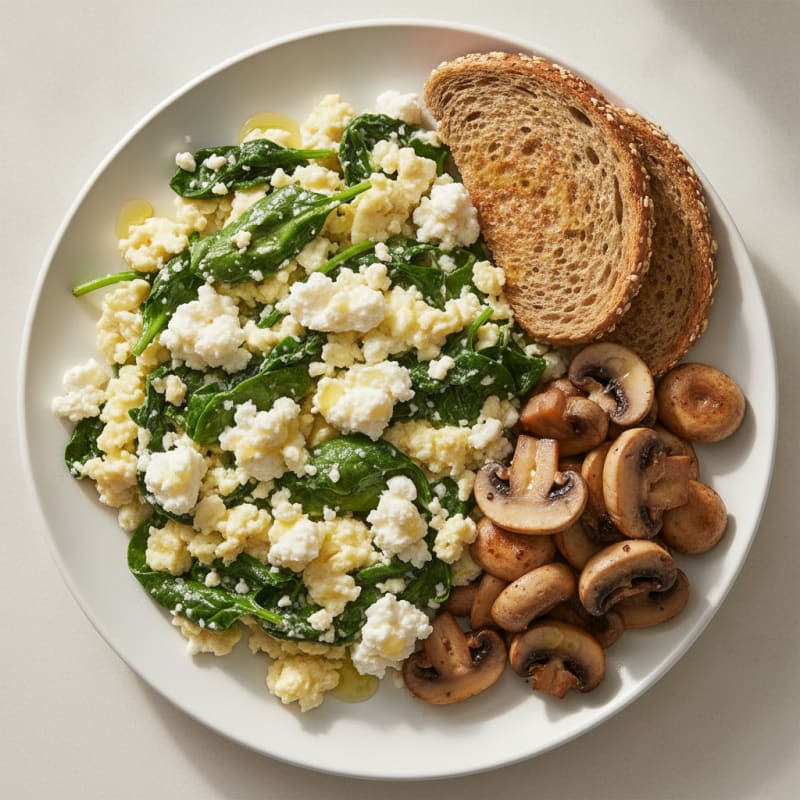 Egg White Spinach Scramble with Cottage Cheese and Sautéed Mushrooms