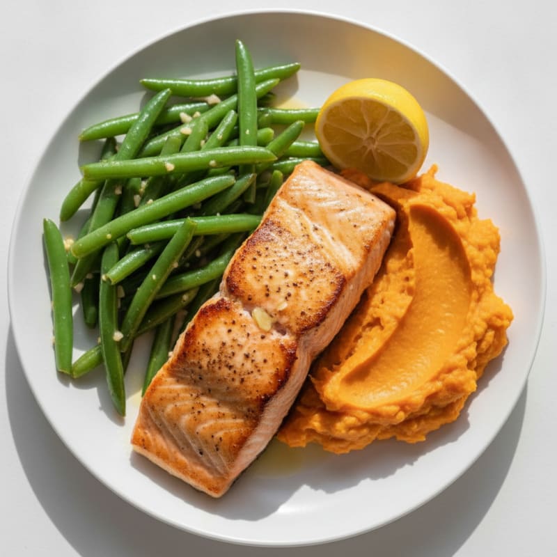 Seared Salmon with Garlic Green Beans and Sweet Potato Mash