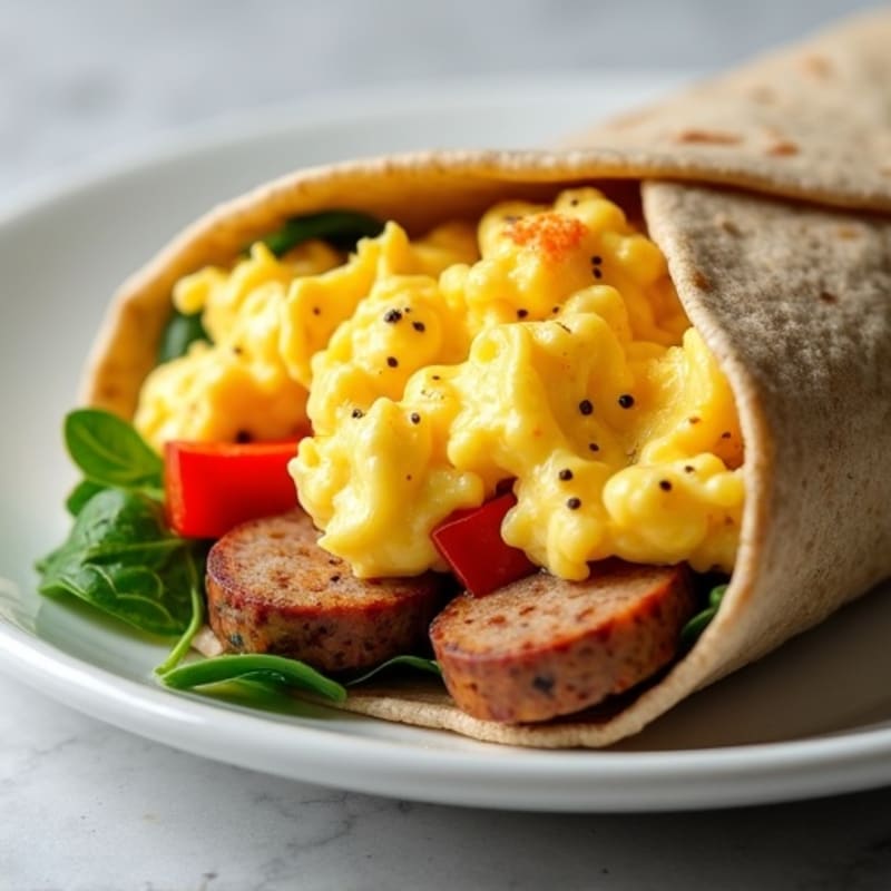 Fluffy Scrambled Egg and Lean Turkey Sausage Breakfast Burrito with Roasted Peppers