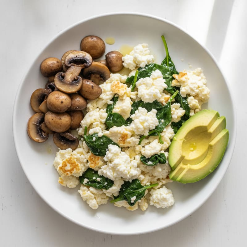 Egg White and Spinach Scramble with Cottage Cheese and Sautéed Mushrooms