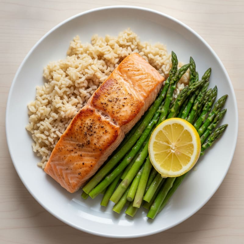 Seared Salmon Fillet with Steamed Asparagus and Brown Rice