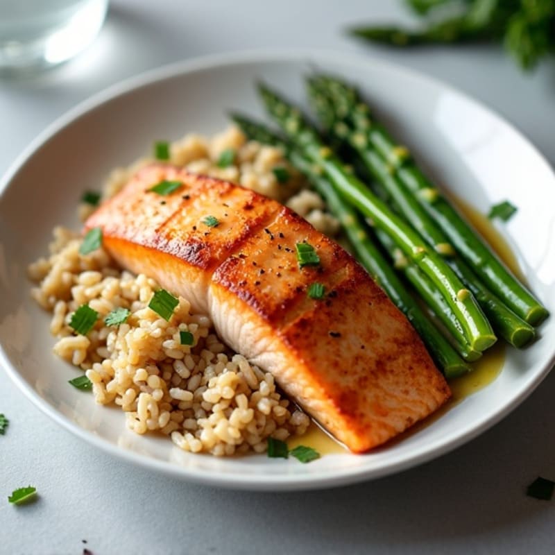 Seared Salmon Fillet with Steamed Asparagus and Brown Rice