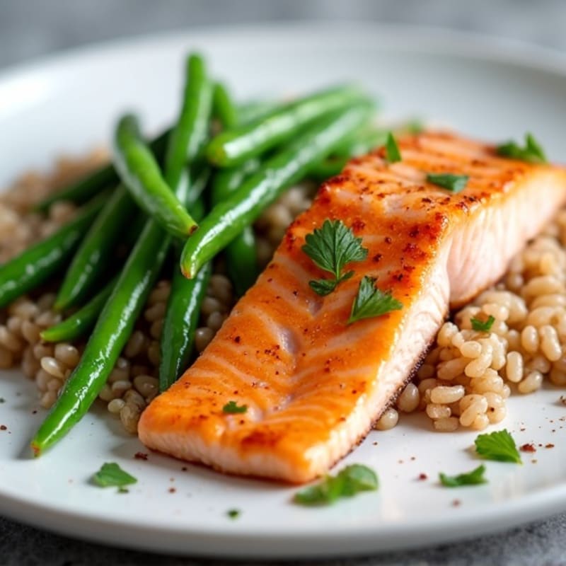 Seared Salmon with Steamed Green Beans and Brown Rice