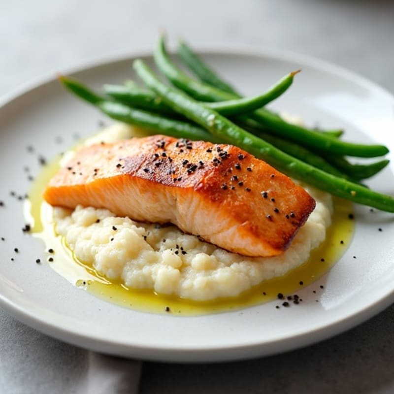 Seared Salmon with Steamed Green Beans and Cauliflower Mash