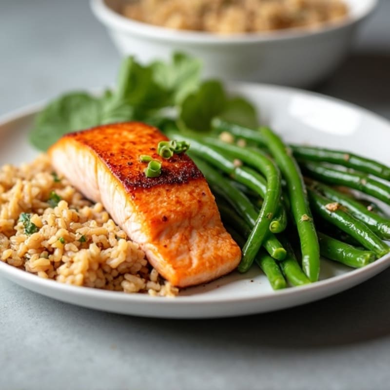 Seared Salmon Fillet with Garlic Green Beans and Brown Rice